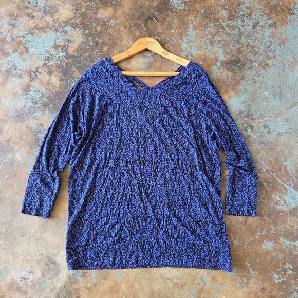 Soma Live Lounge Cross Back Top Size L Blue Black 3/4 Sleeve Jersey Knit Rayon - Picture 2 of 6